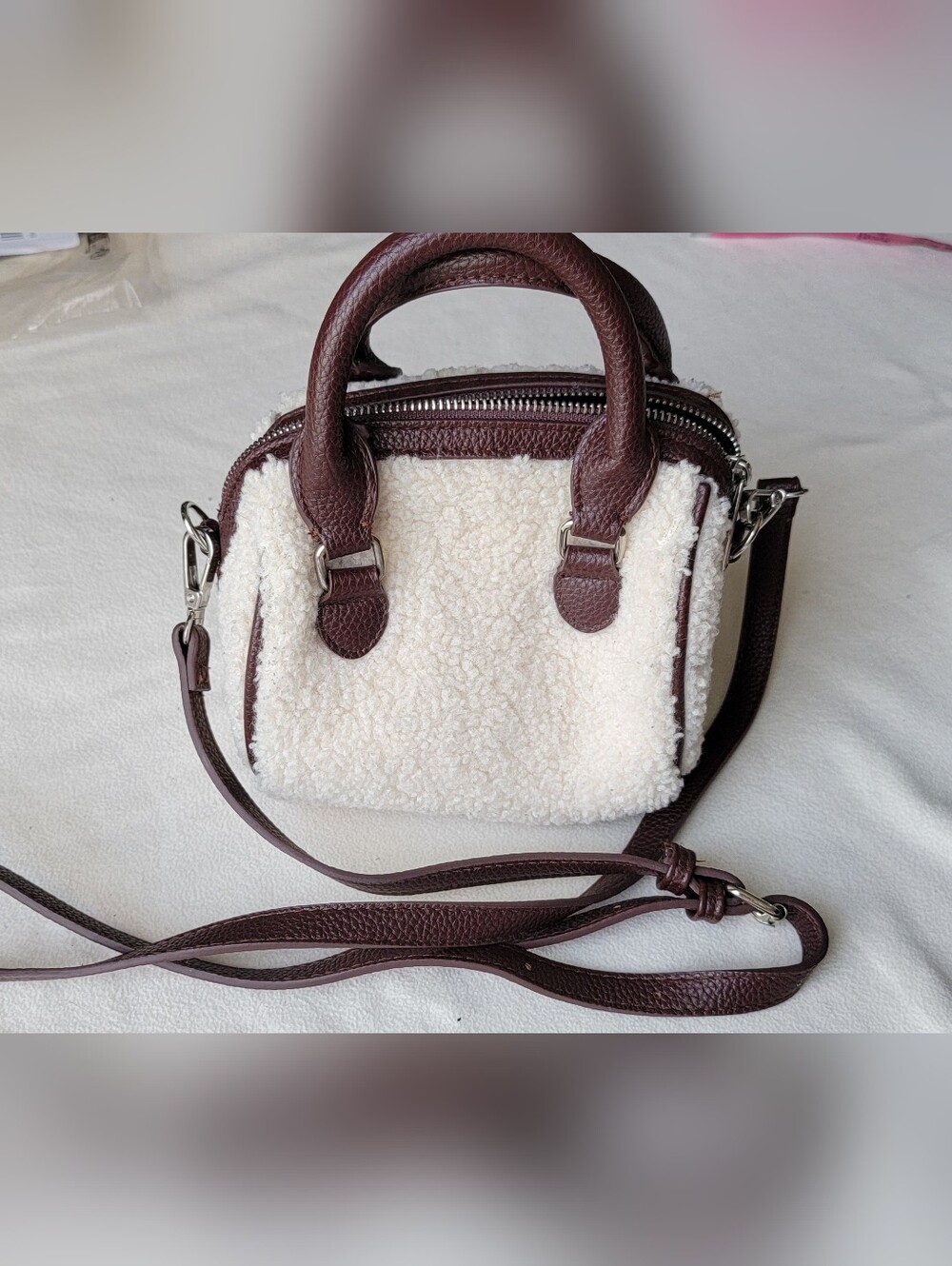 Women’s Cream Shearling Crossbody Satchel with Brown Trim